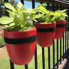 container gardens hanging on railing - red