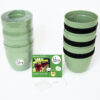 Sets of sage green garden pots with contents