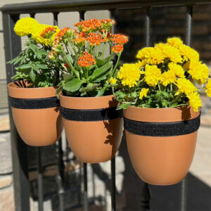 Three terracotta floating planter gardens strapped to a railing and planted with yellow and orange flowers