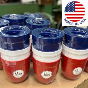 Red white & blue flower pots stacked at made in USA factory